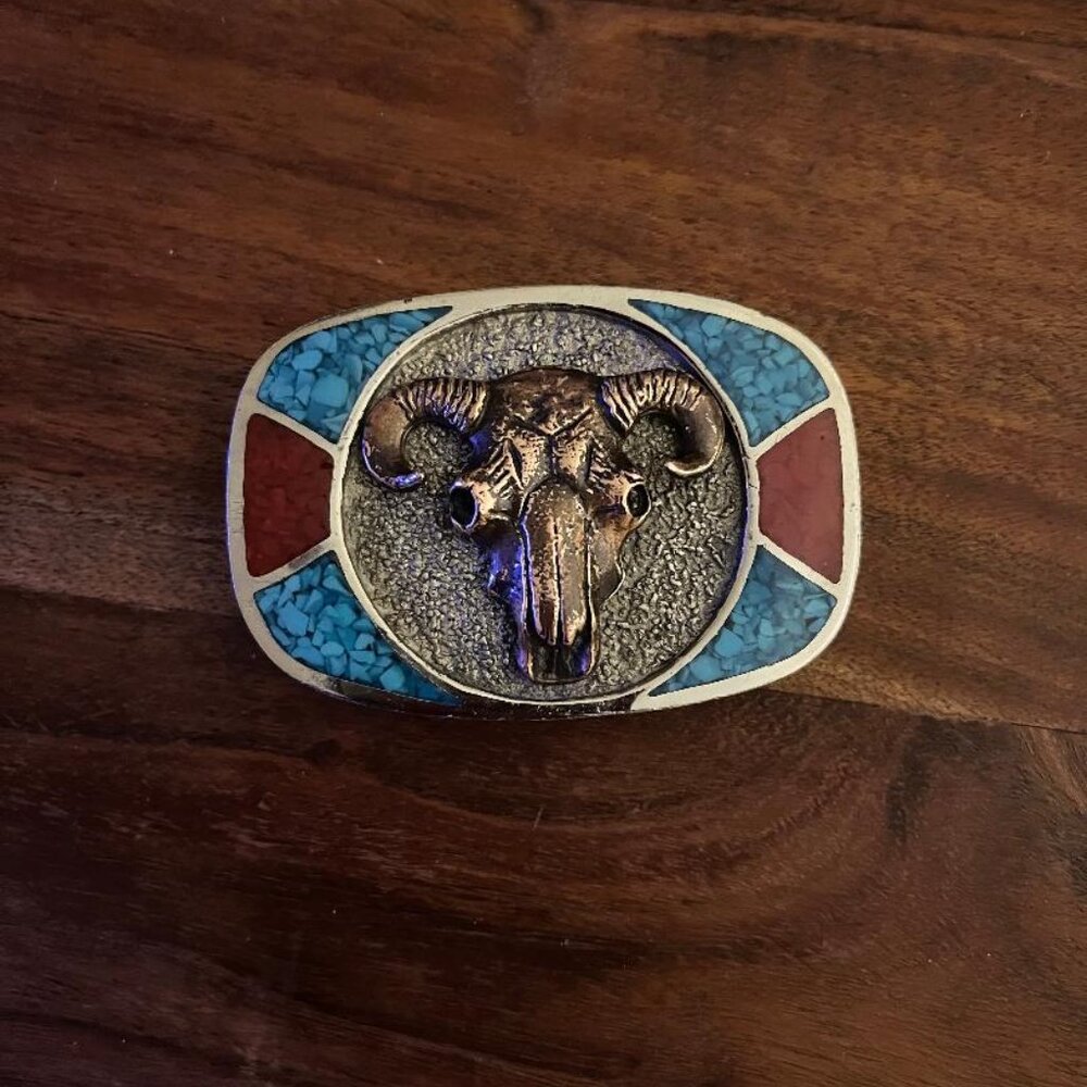 Bull Steer Skull Turquoise Coral Belt Buckle Vintage Western Long Horn Vintage